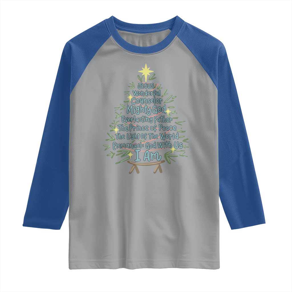 Jesus Names Christmas Tree Raglan Shirt Christian Bible Verse Xmas - Wonder Print Shop