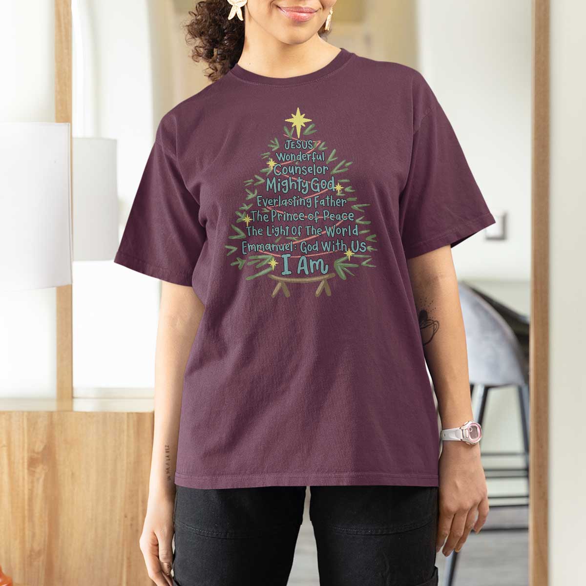 Jesus Names Christmas Tree T Shirt For Women Christian Bible Verse Xmas - Wonder Print Shop