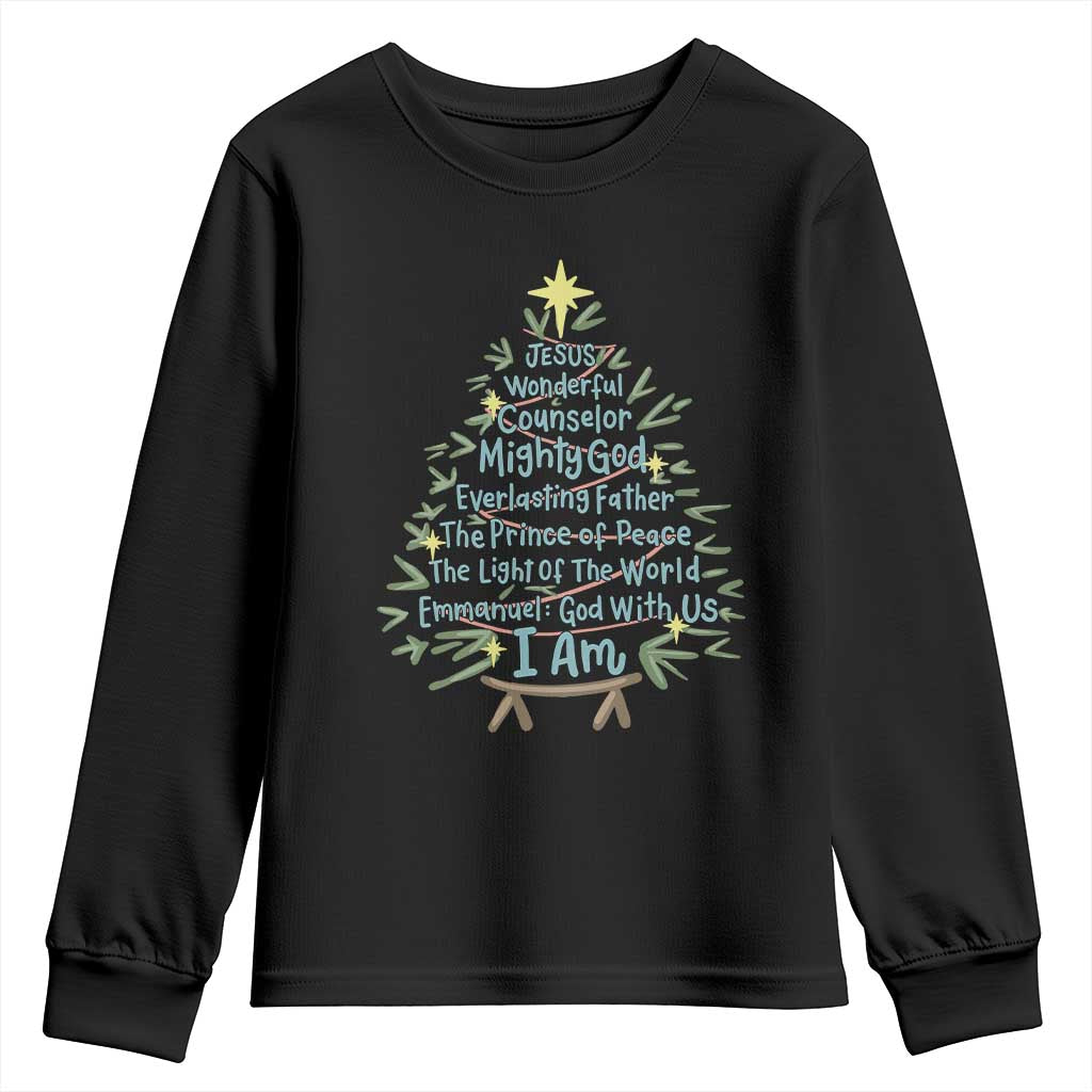 Jesus Names Christmas Tree Youth Sweatshirt Christian Bible Verse Xmas - Wonder Print Shop