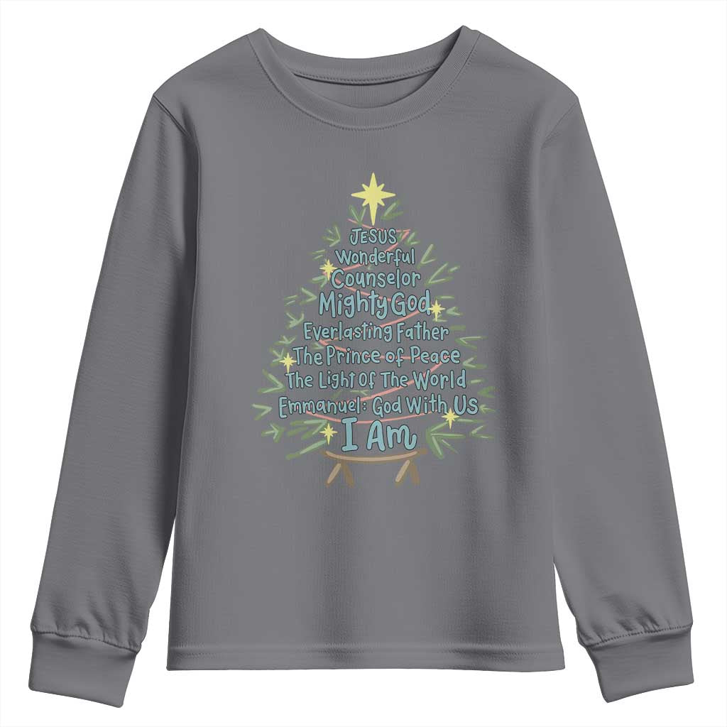 Jesus Names Christmas Tree Youth Sweatshirt Christian Bible Verse Xmas - Wonder Print Shop