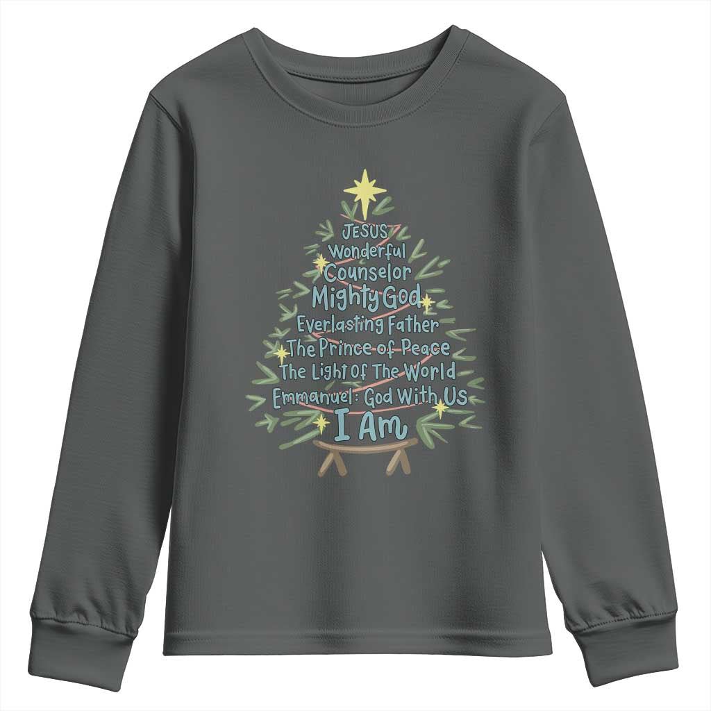 Jesus Names Christmas Tree Youth Sweatshirt Christian Bible Verse Xmas - Wonder Print Shop
