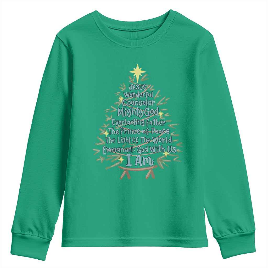 Jesus Names Christmas Tree Youth Sweatshirt Christian Bible Verse Xmas - Wonder Print Shop