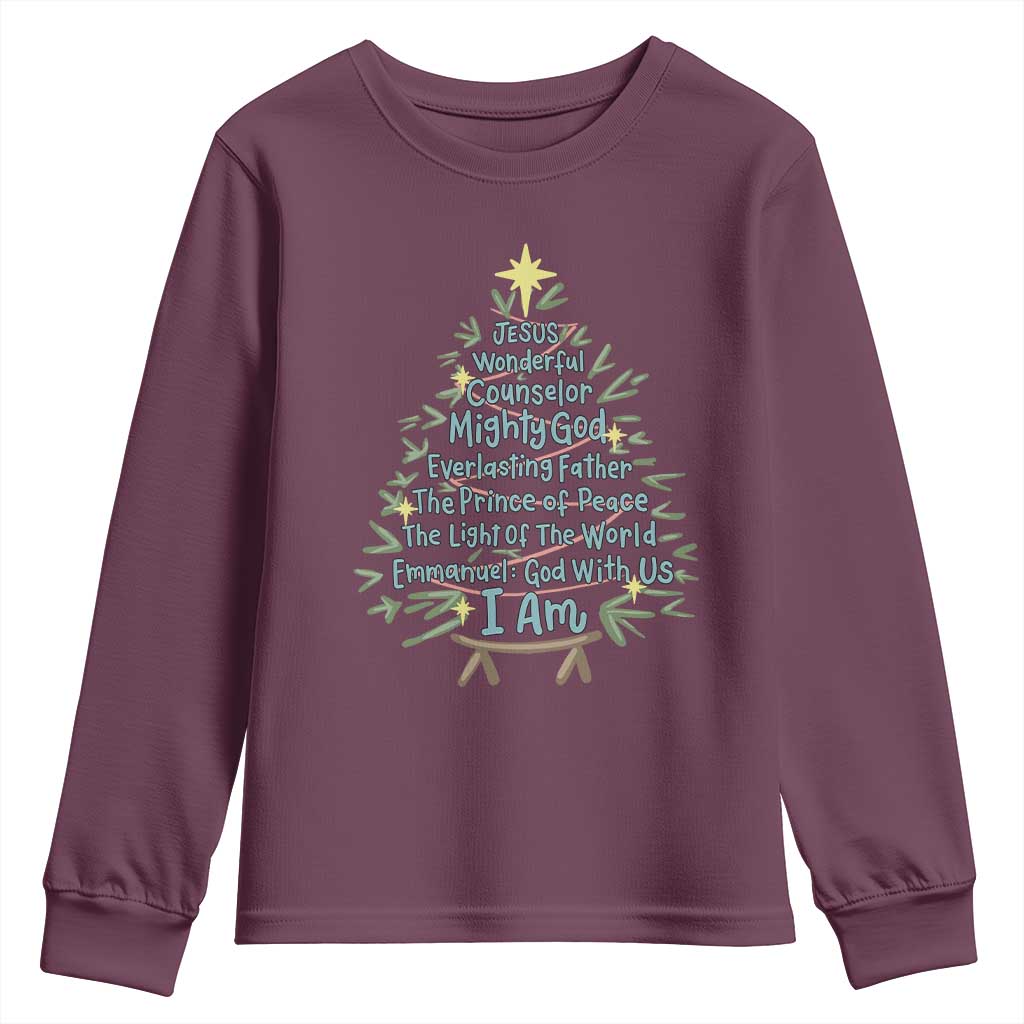 Jesus Names Christmas Tree Youth Sweatshirt Christian Bible Verse Xmas - Wonder Print Shop