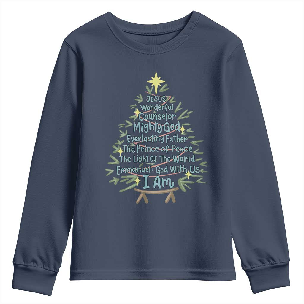 Jesus Names Christmas Tree Youth Sweatshirt Christian Bible Verse Xmas - Wonder Print Shop