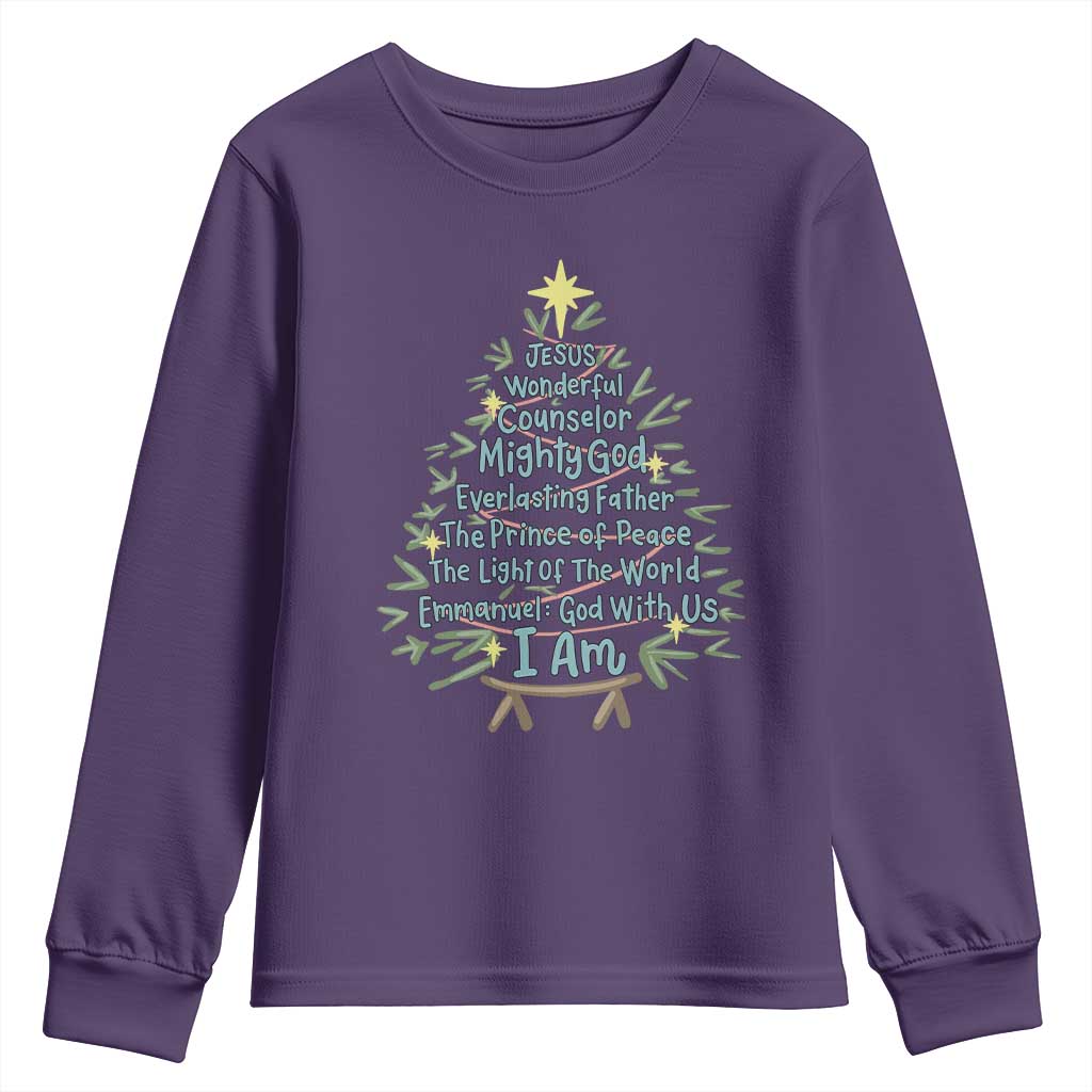 Jesus Names Christmas Tree Youth Sweatshirt Christian Bible Verse Xmas - Wonder Print Shop