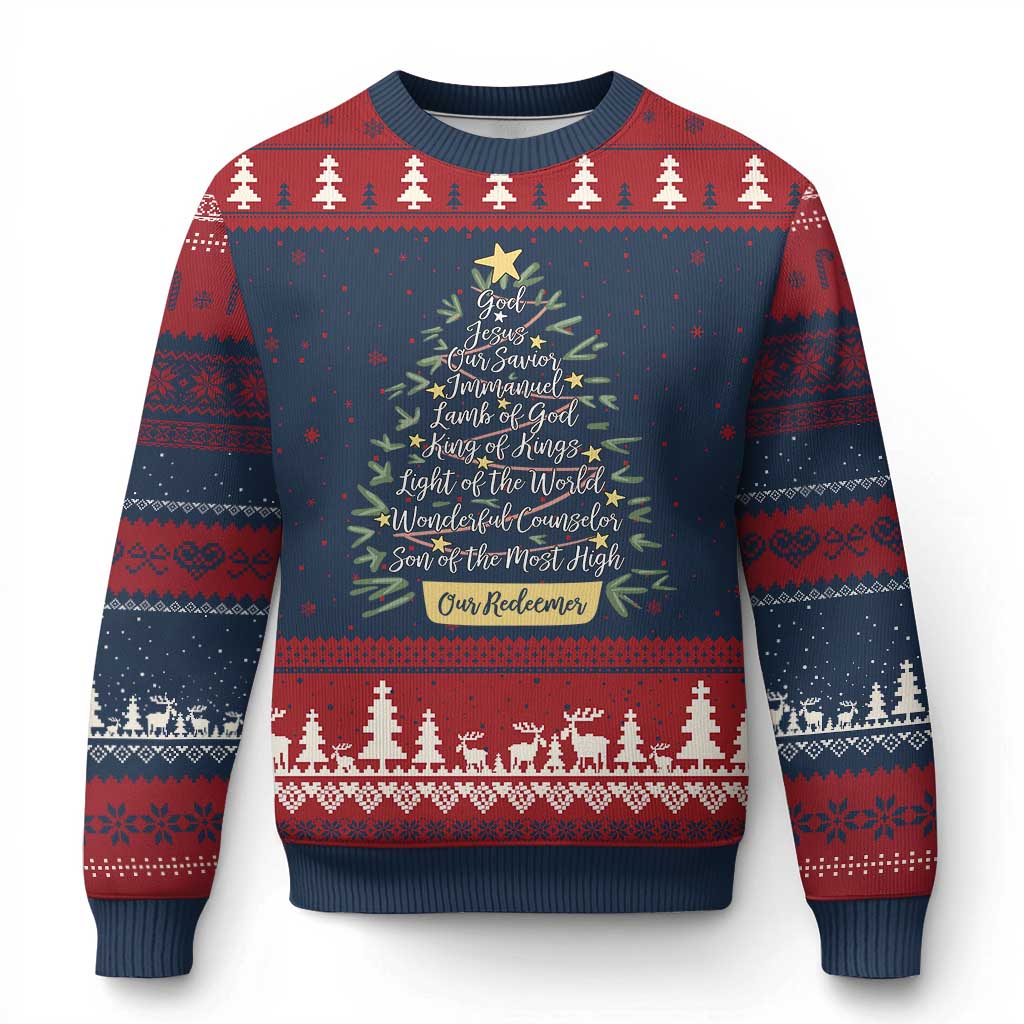 Xmas Christian Ugly Christmas Sweater Jesus Names Tree Religious Faith - Wonder Print Shop