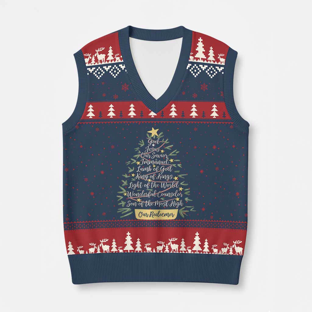 Xmas Christian V-Neck Knit Sweater Vest Jesus Names Tree Religious Faith - Wonder Print Shop