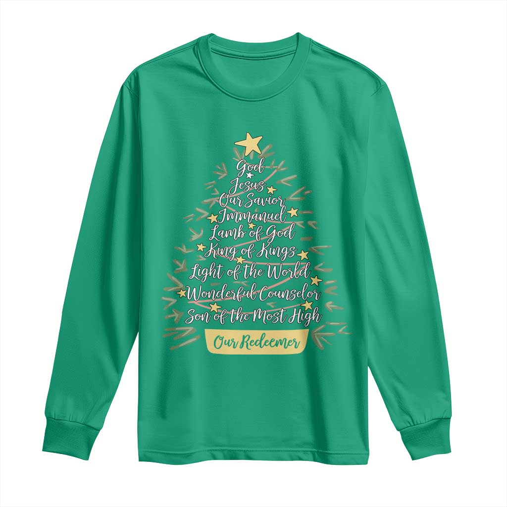 Christmas Christian Long Sleeve Shirt Jesus Names Tree Religious Faith - Wonder Print Shop