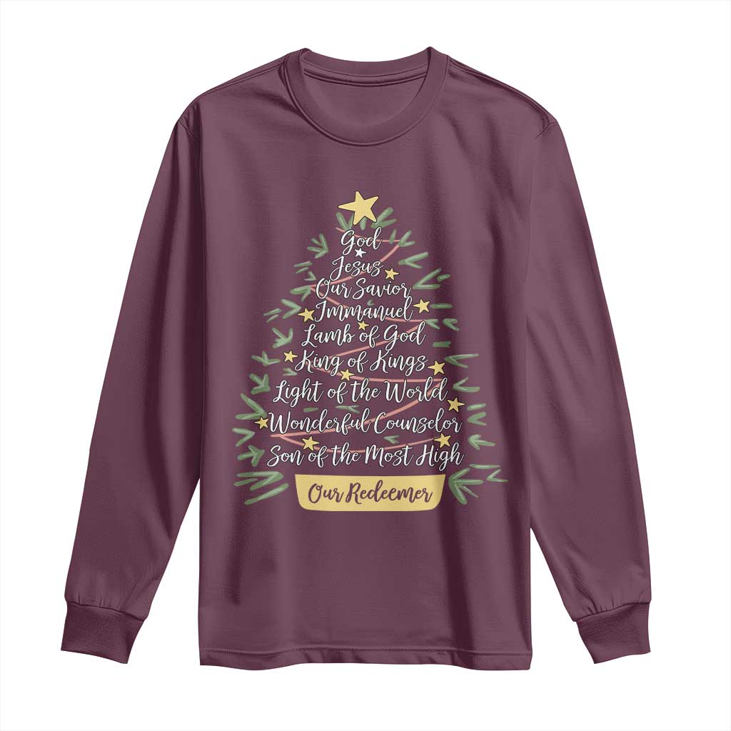 Christmas Christian Long Sleeve Shirt Jesus Names Tree Religious Faith - Wonder Print Shop