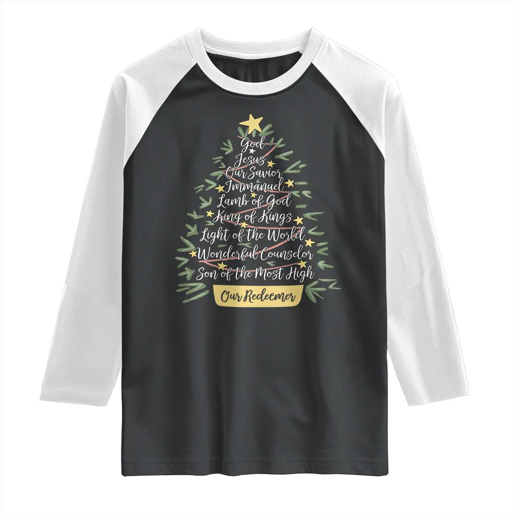 Christmas Christian Raglan Shirt Jesus Names Tree Religious Faith - Wonder Print Shop