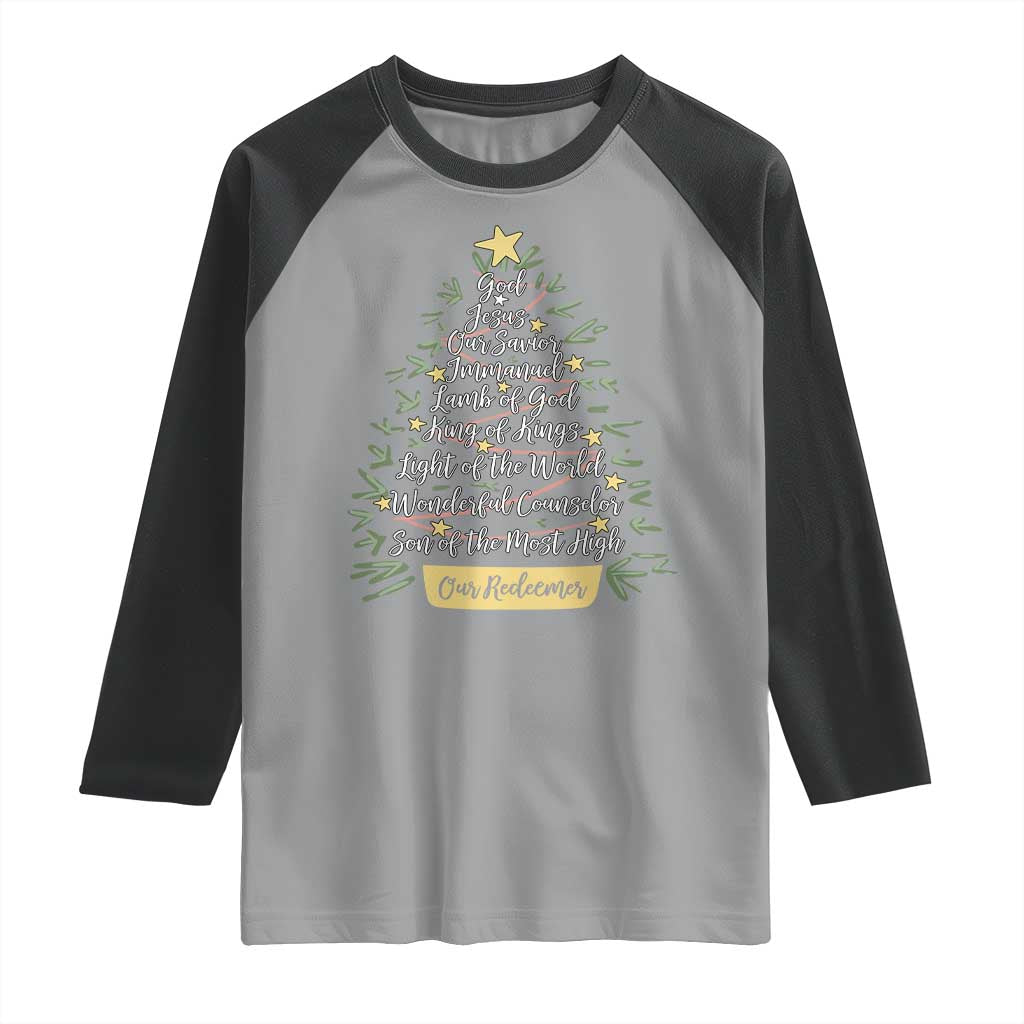 Christmas Christian Raglan Shirt Jesus Names Tree Religious Faith - Wonder Print Shop