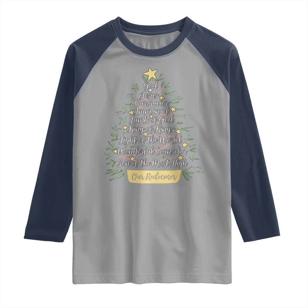Christmas Christian Raglan Shirt Jesus Names Tree Religious Faith - Wonder Print Shop