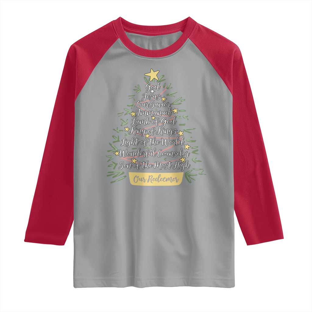 Christmas Christian Raglan Shirt Jesus Names Tree Religious Faith - Wonder Print Shop