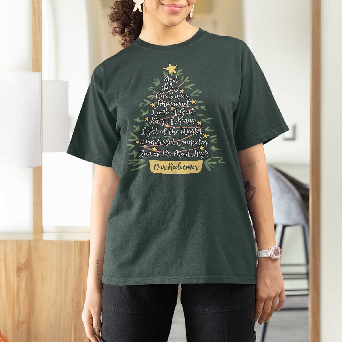 Christmas Christian T Shirt For Women Jesus Names Tree Religious Faith - Wonder Print Shop