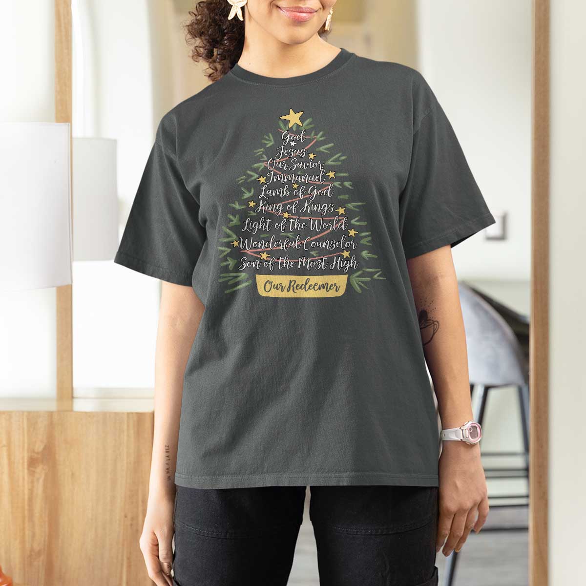 Christmas Christian T Shirt For Women Jesus Names Tree Religious Faith - Wonder Print Shop