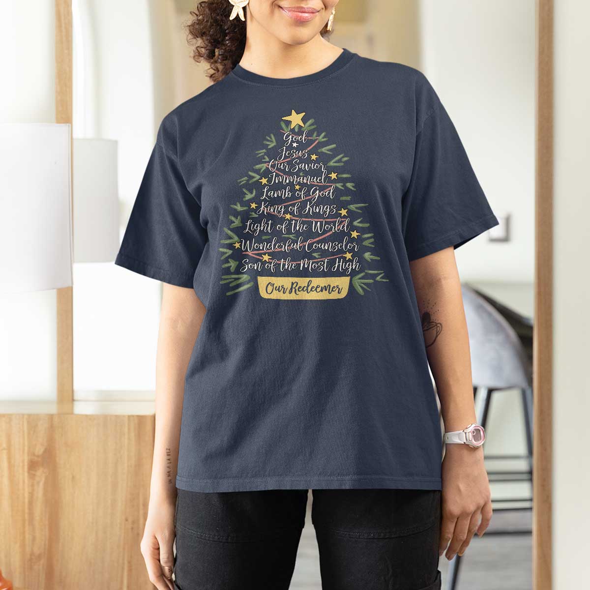 Christmas Christian T Shirt For Women Jesus Names Tree Religious Faith - Wonder Print Shop