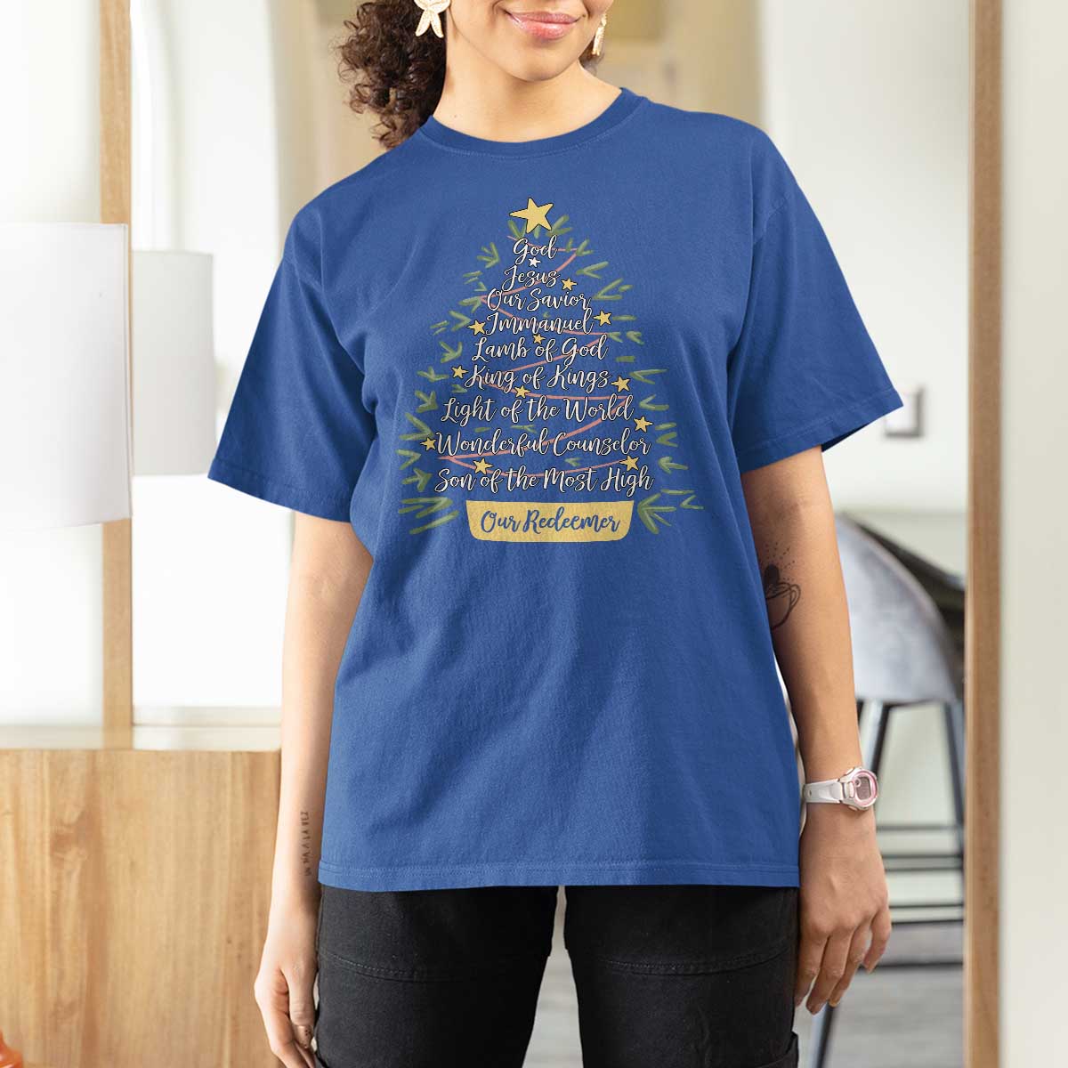 Christmas Christian T Shirt For Women Jesus Names Tree Religious Faith - Wonder Print Shop