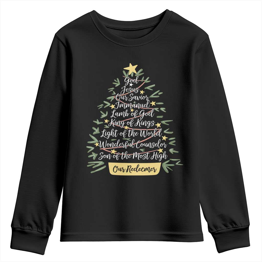 Christmas Christian Youth Sweatshirt Jesus Names Tree Religious Faith - Wonder Print Shop
