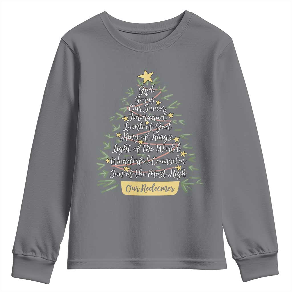 Christmas Christian Youth Sweatshirt Jesus Names Tree Religious Faith - Wonder Print Shop