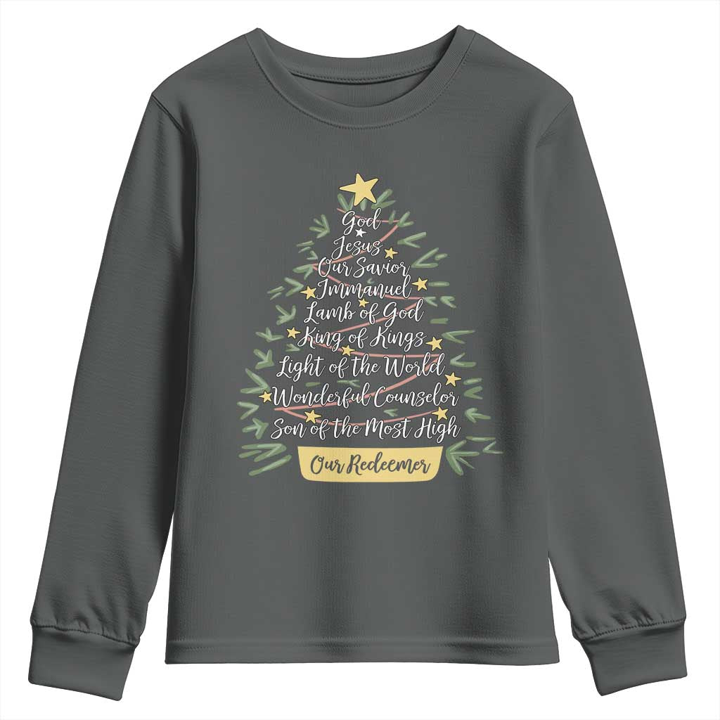 Christmas Christian Youth Sweatshirt Jesus Names Tree Religious Faith - Wonder Print Shop