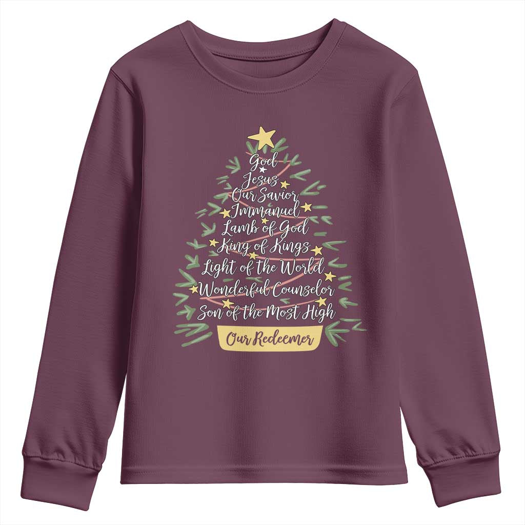 Christmas Christian Youth Sweatshirt Jesus Names Tree Religious Faith - Wonder Print Shop