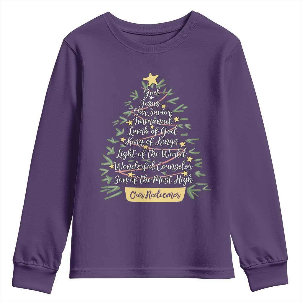 Christmas Christian Youth Sweatshirt Jesus Names Tree Religious Faith - Wonder Print Shop