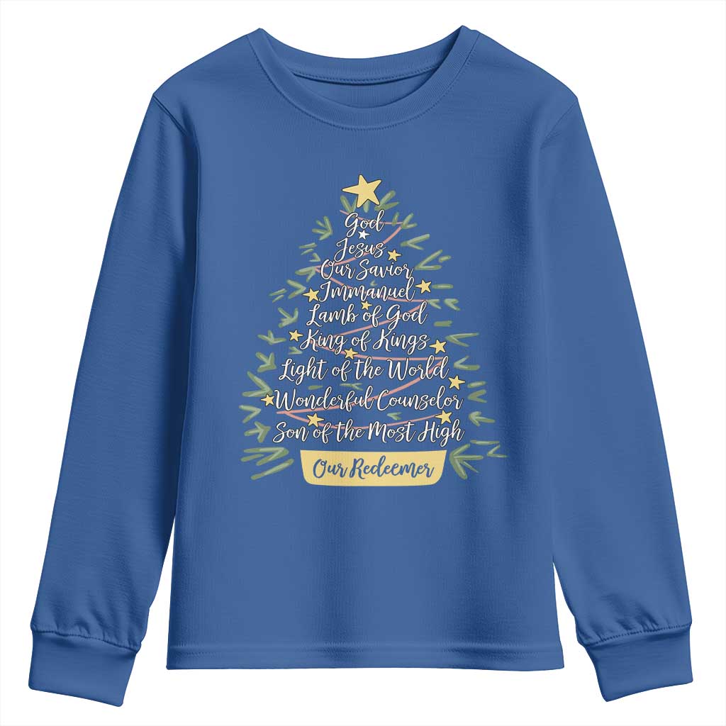 Christmas Christian Youth Sweatshirt Jesus Names Tree Religious Faith - Wonder Print Shop
