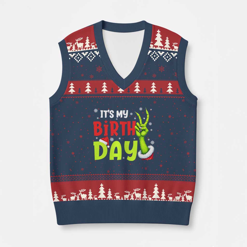 It's My Birthday Xmas V-Neck Knit Sweater Vest Funny Bday Xmas - Wonder Print Shop