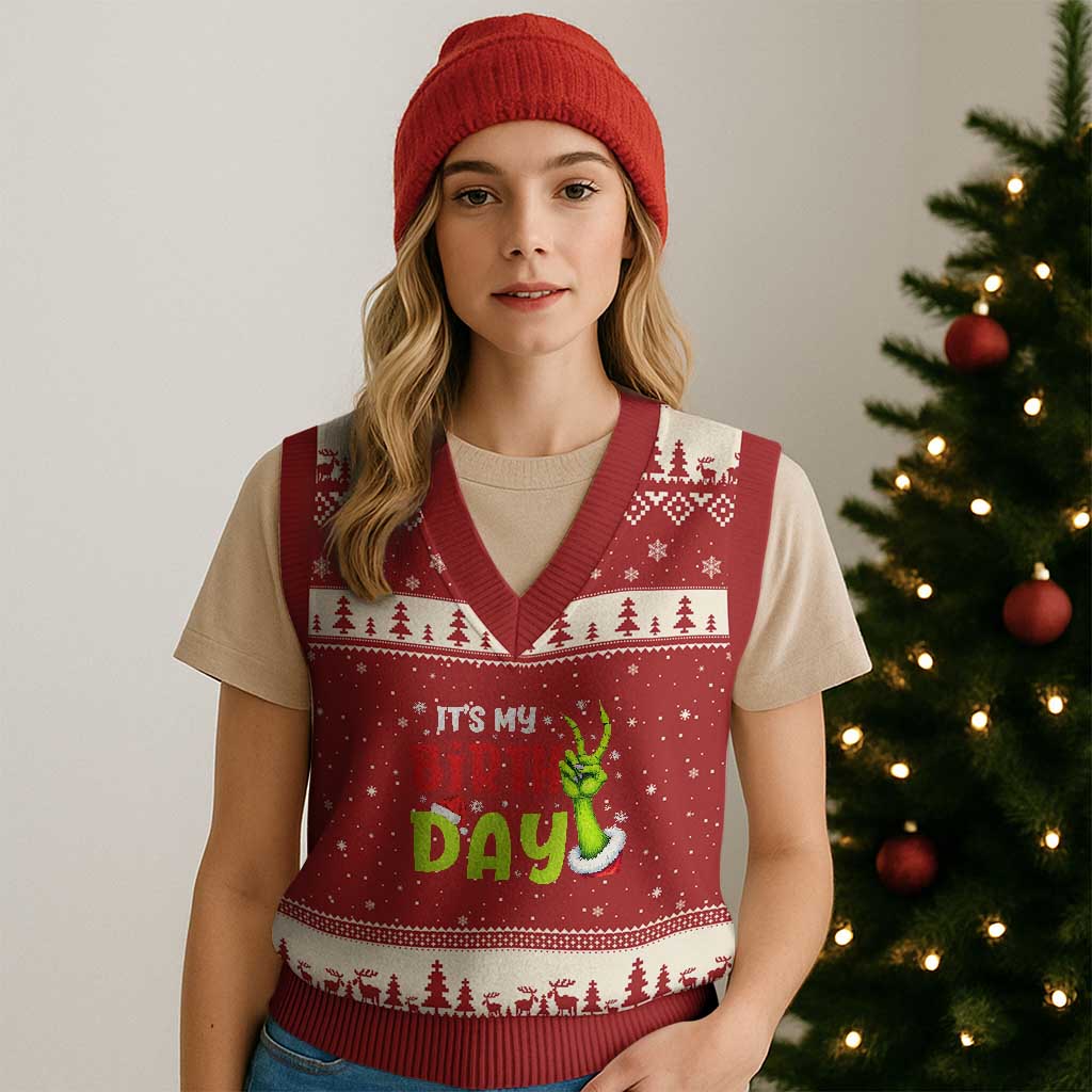 It's My Birthday Xmas V-Neck Knit Sweater Vest Funny Bday Xmas - Wonder Print Shop