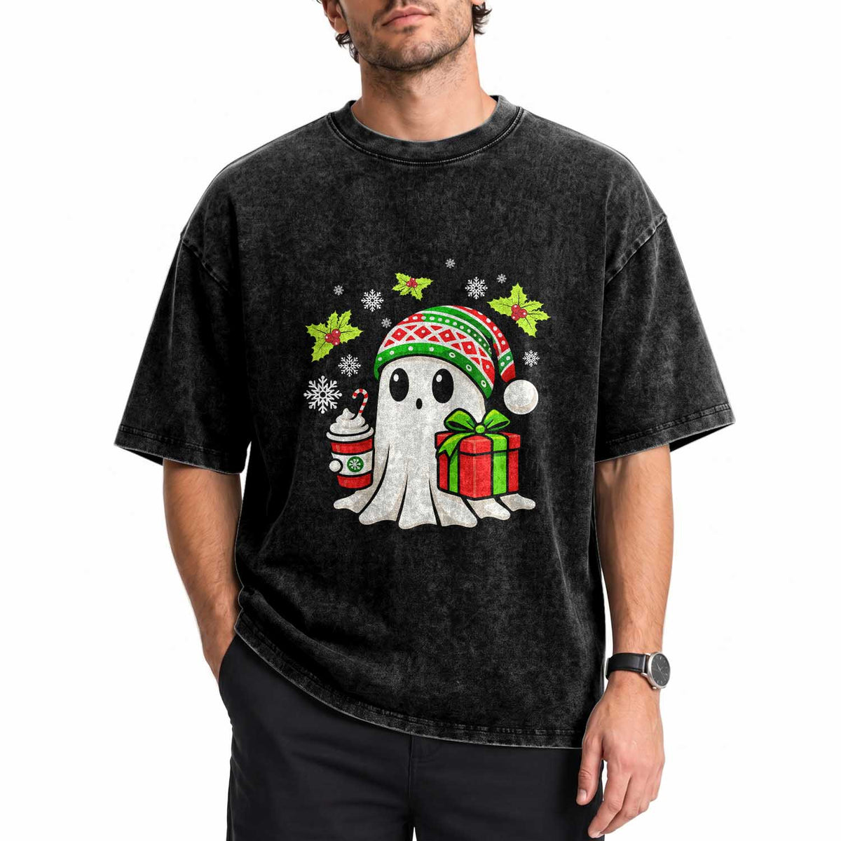 Ghost Santa Christmas Washed Cotton T-Shirt Holiday Xmas Halloween