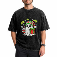 Ghost Santa Christmas Washed Cotton T-Shirt Holiday Xmas Halloween