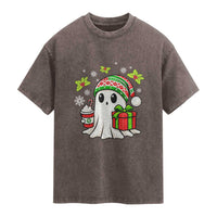 Ghost Santa Christmas Washed Cotton T-Shirt Holiday Xmas Halloween