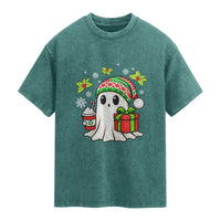 Ghost Santa Christmas Washed Cotton T-Shirt Holiday Xmas Halloween