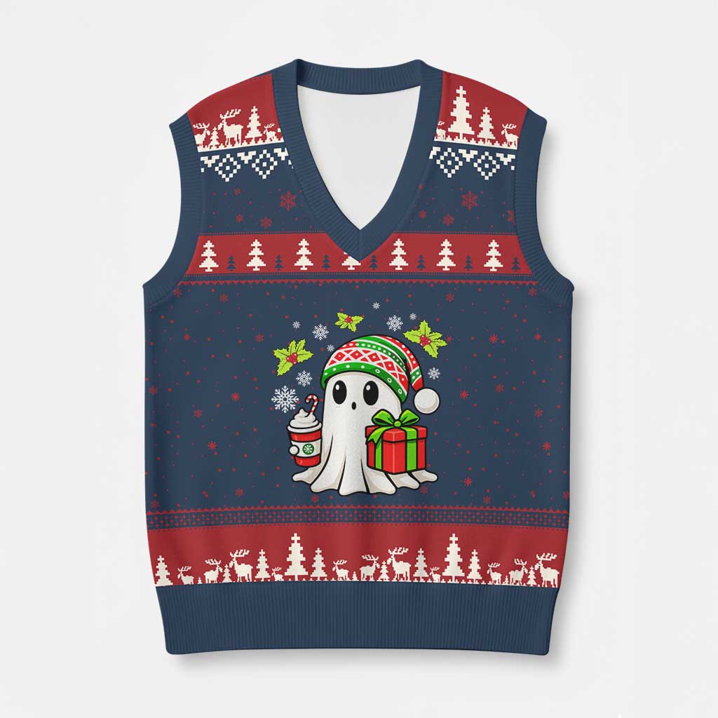 Ghost Santa Xmas V-Neck Knit Sweater Vest Holiday Xmas Halloween - Wonder Print Shop