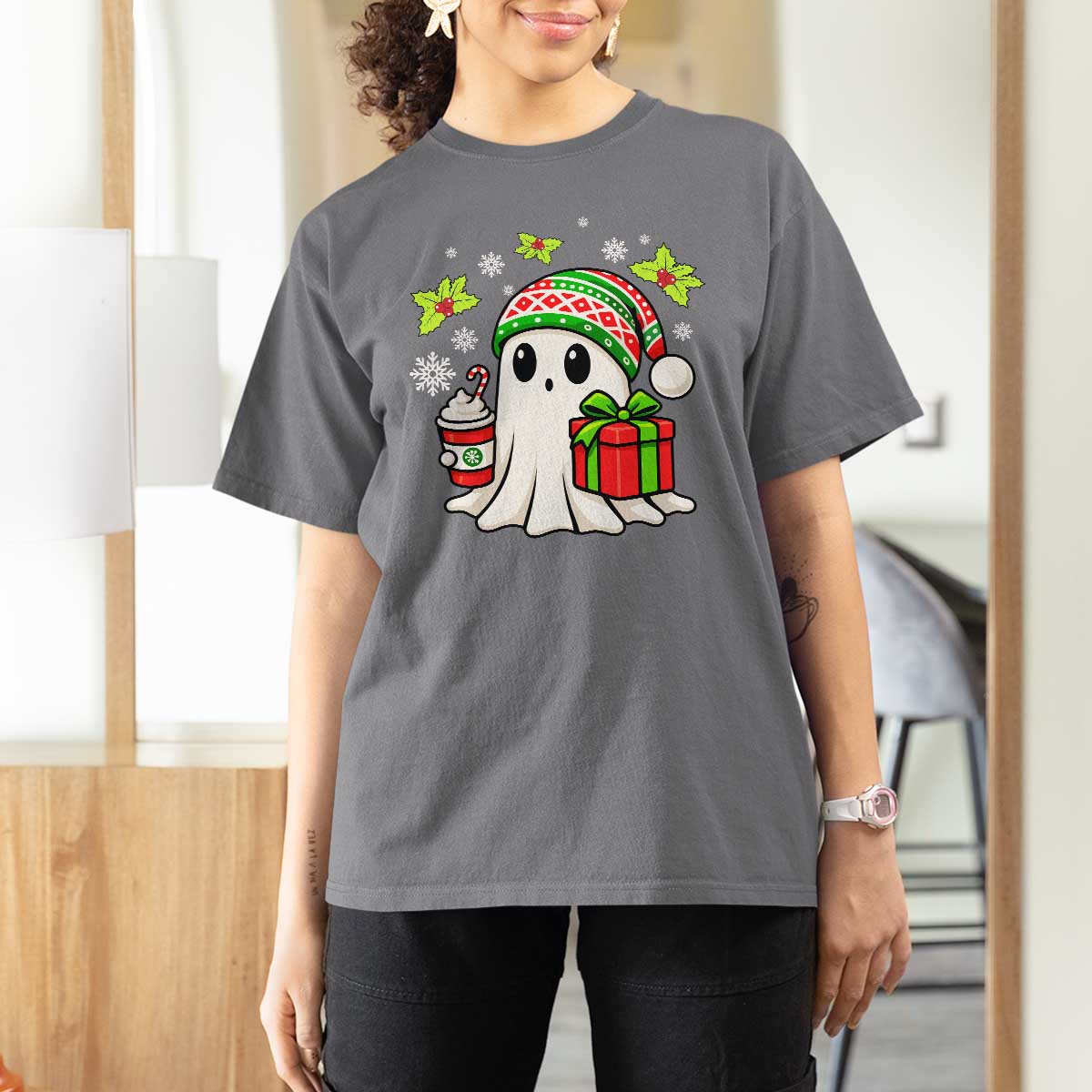 Ghost Santa Christmas T Shirt For Women Holiday Xmas Halloween - Wonder Print Shop