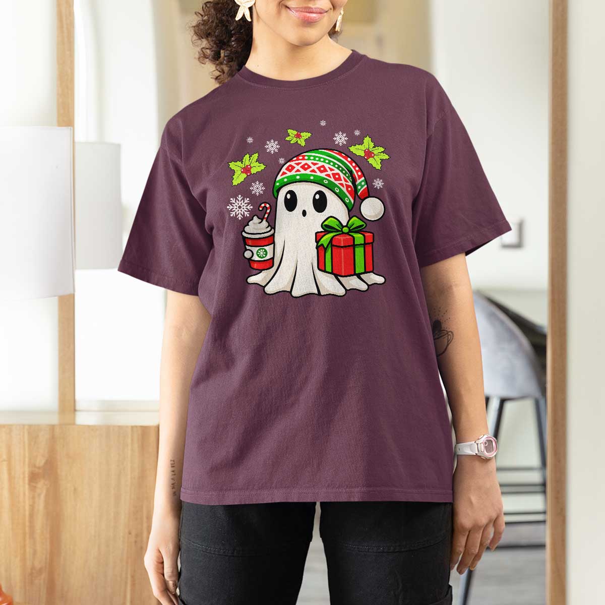 Ghost Santa Christmas T Shirt For Women Holiday Xmas Halloween - Wonder Print Shop