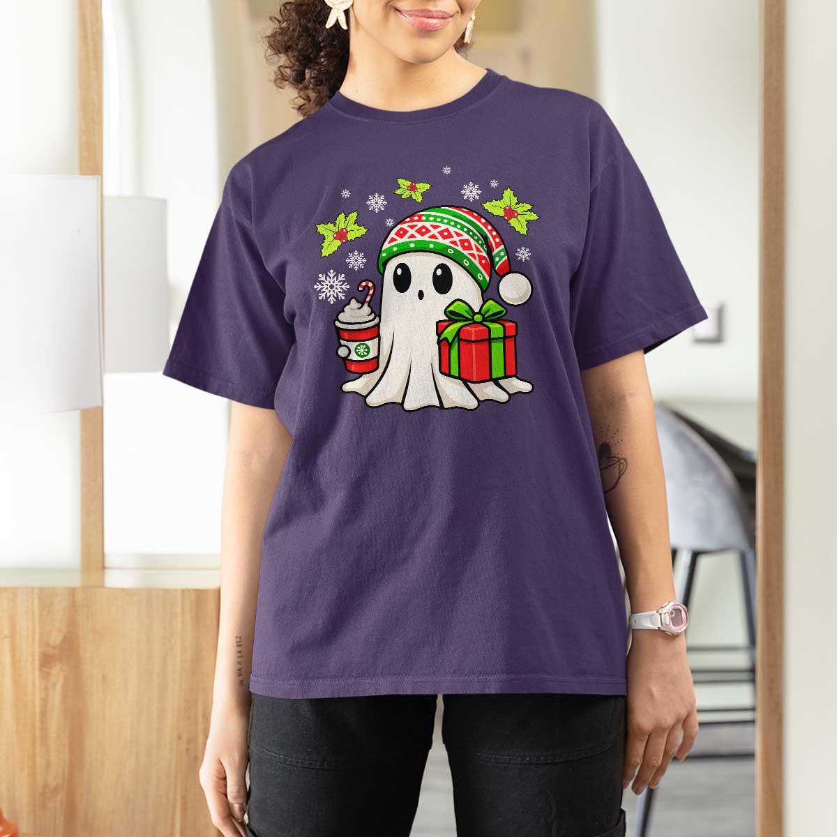 Ghost Santa Christmas T Shirt For Women Holiday Xmas Halloween - Wonder Print Shop