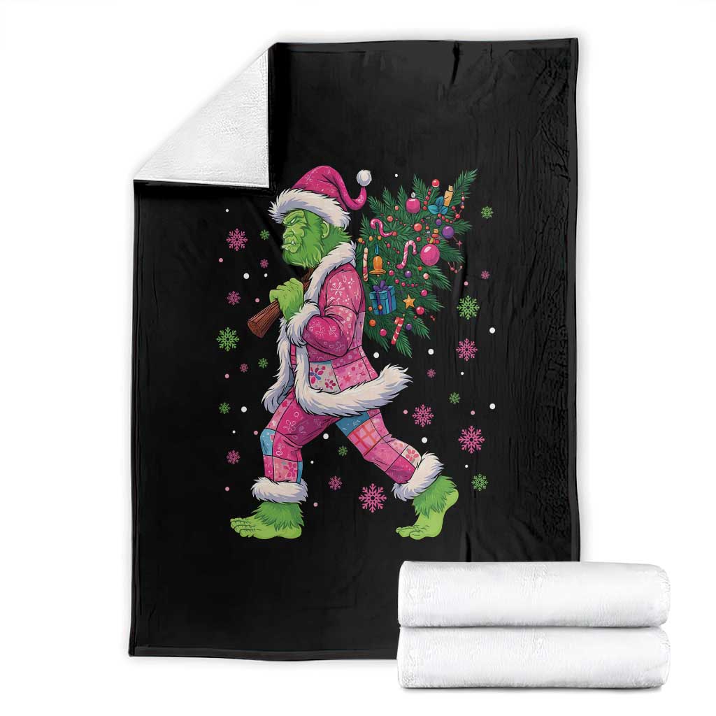 Bigfoot Christmas Tree Throw Blanket Pink Xmas Funny Green Sasquatch - Wonder Print Shop