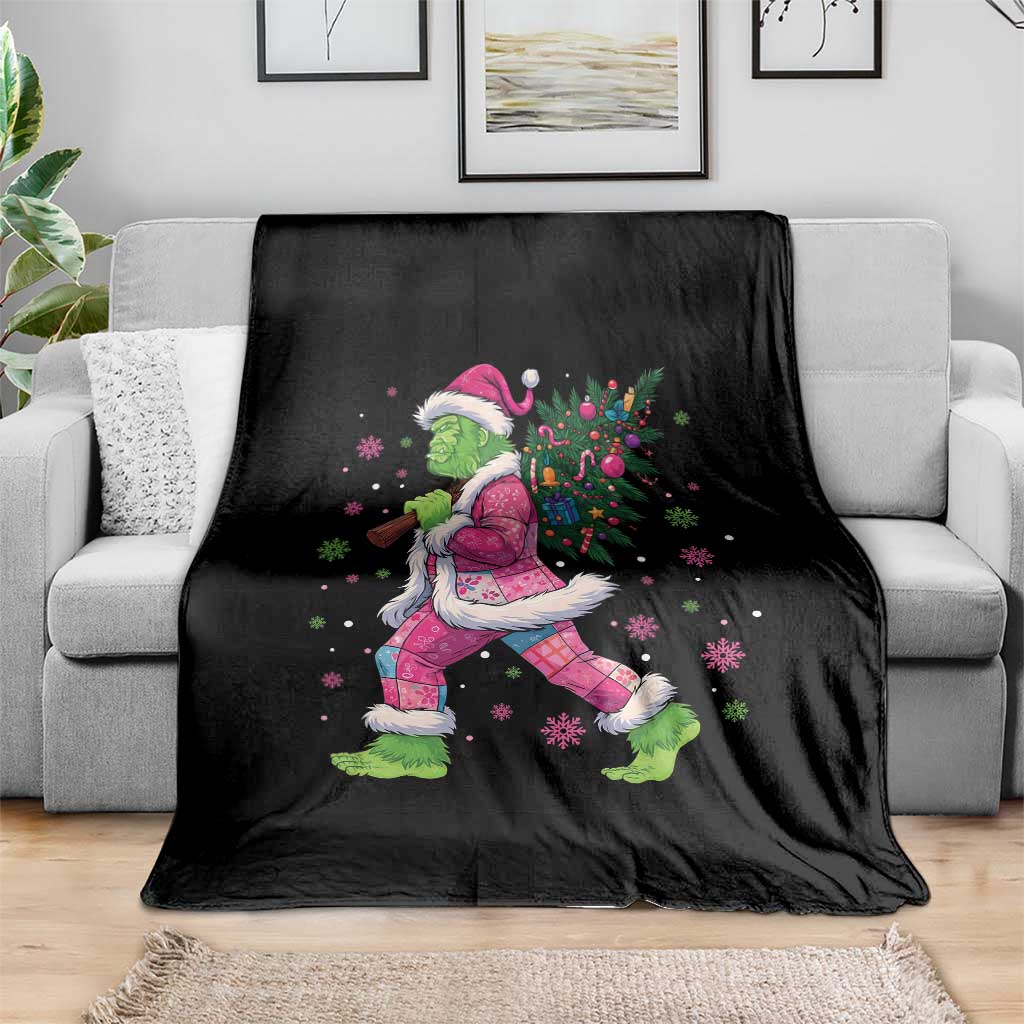 Bigfoot Christmas Tree Throw Blanket Pink Xmas Funny Green Sasquatch - Wonder Print Shop