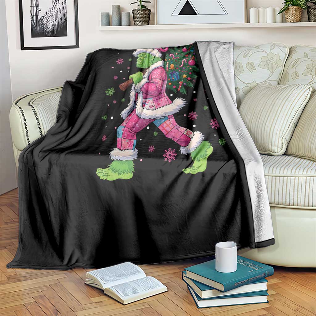 Bigfoot Christmas Tree Throw Blanket Pink Xmas Funny Green Sasquatch - Wonder Print Shop