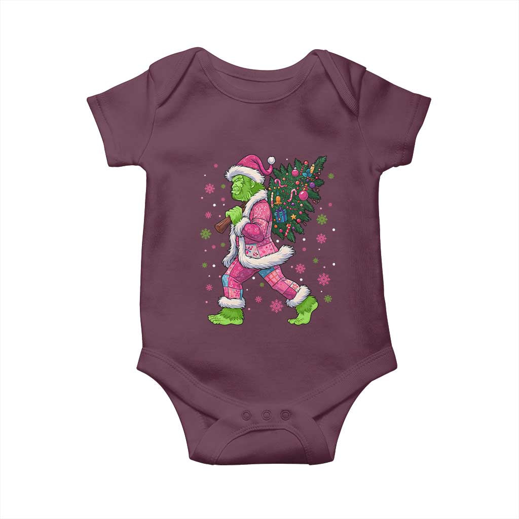 Bigfoot Christmas Tree Baby Onesie Pink Xmas Funny Green Sasquatch - Wonder Print Shop