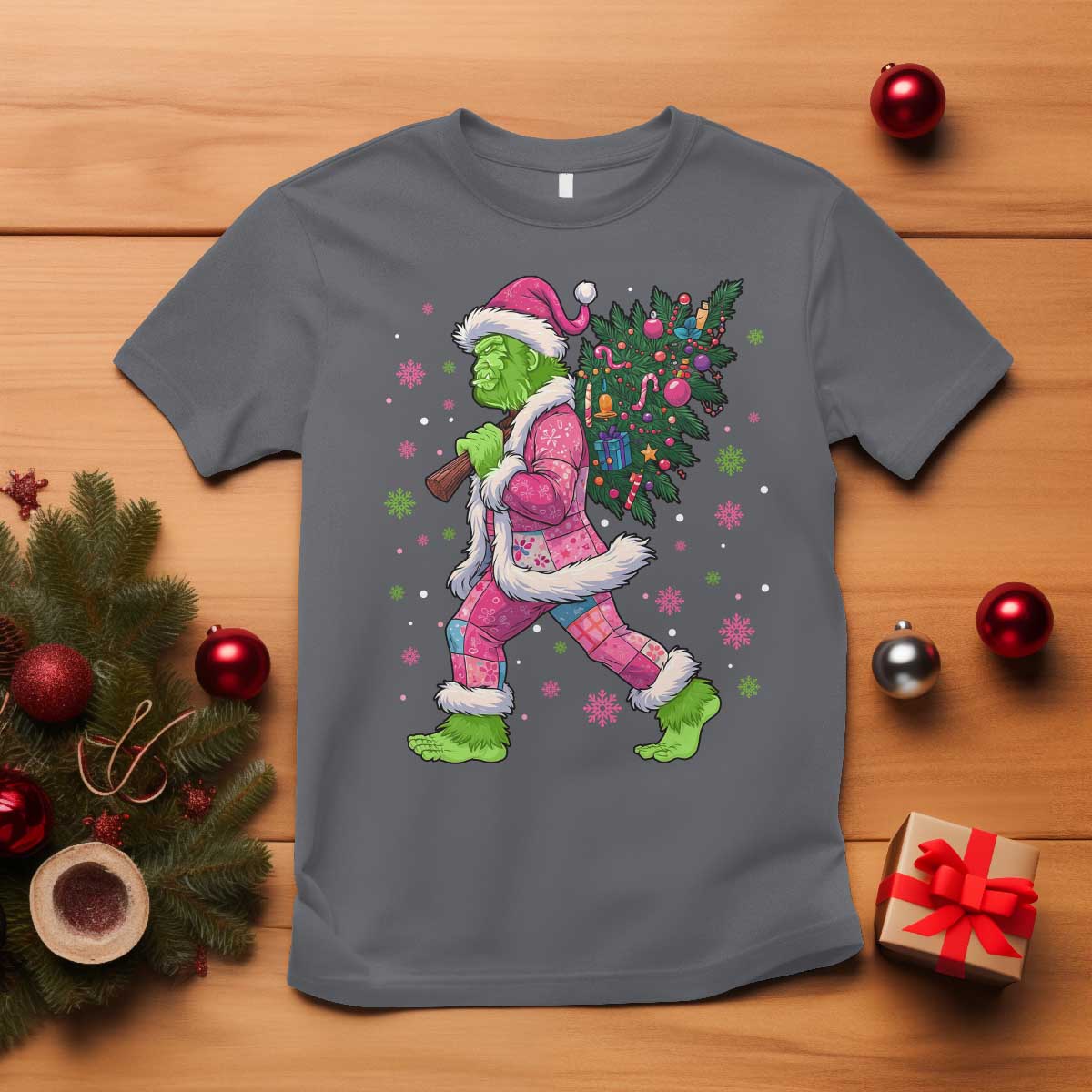 Bigfoot Christmas Tree T Shirt Pink Xmas Funny Green Sasquatch - Wonder Print Shop
