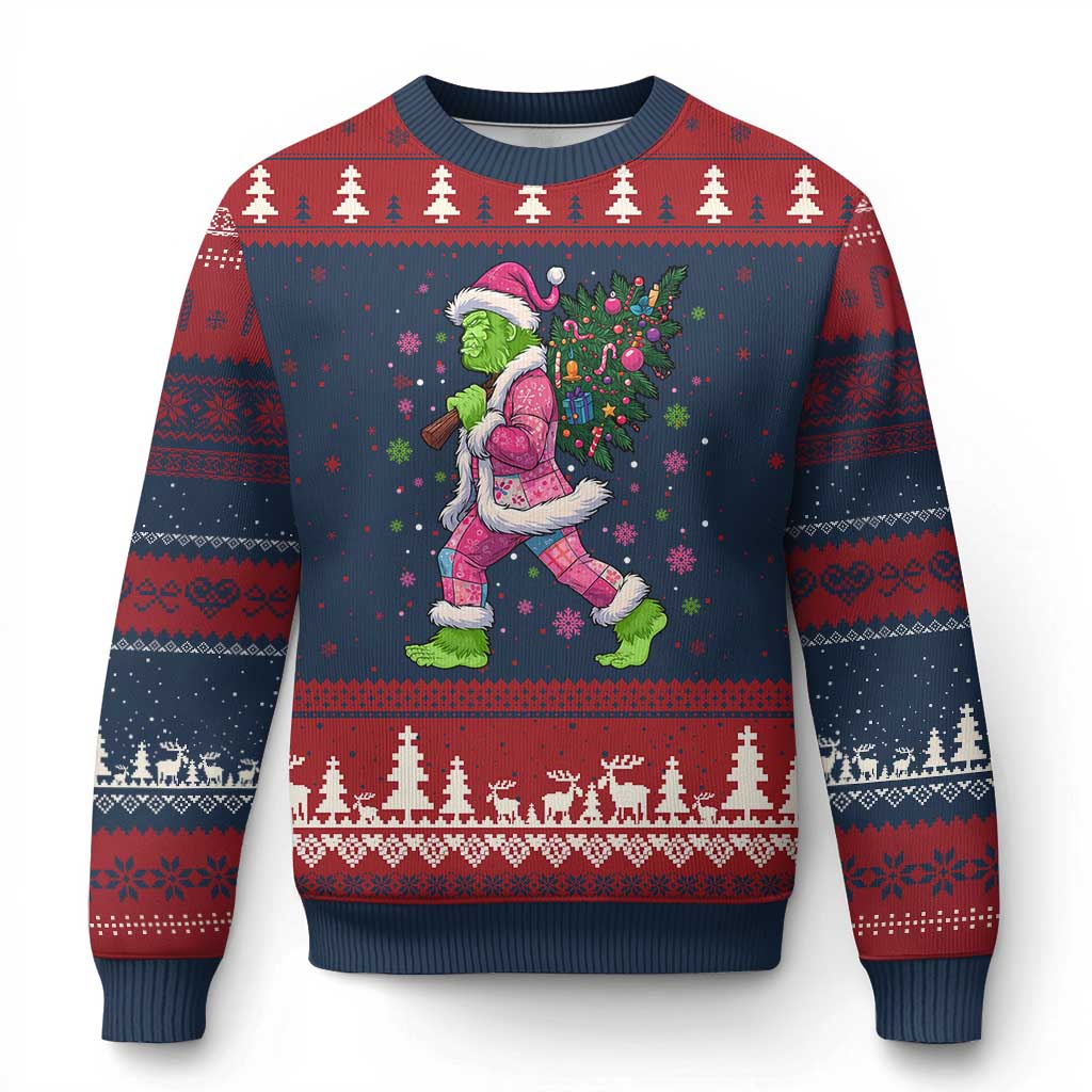 Bigfoot Xmas Tree Ugly Christmas Sweater Pink Xmas Funny Green Sasquatch - Wonder Print Shop