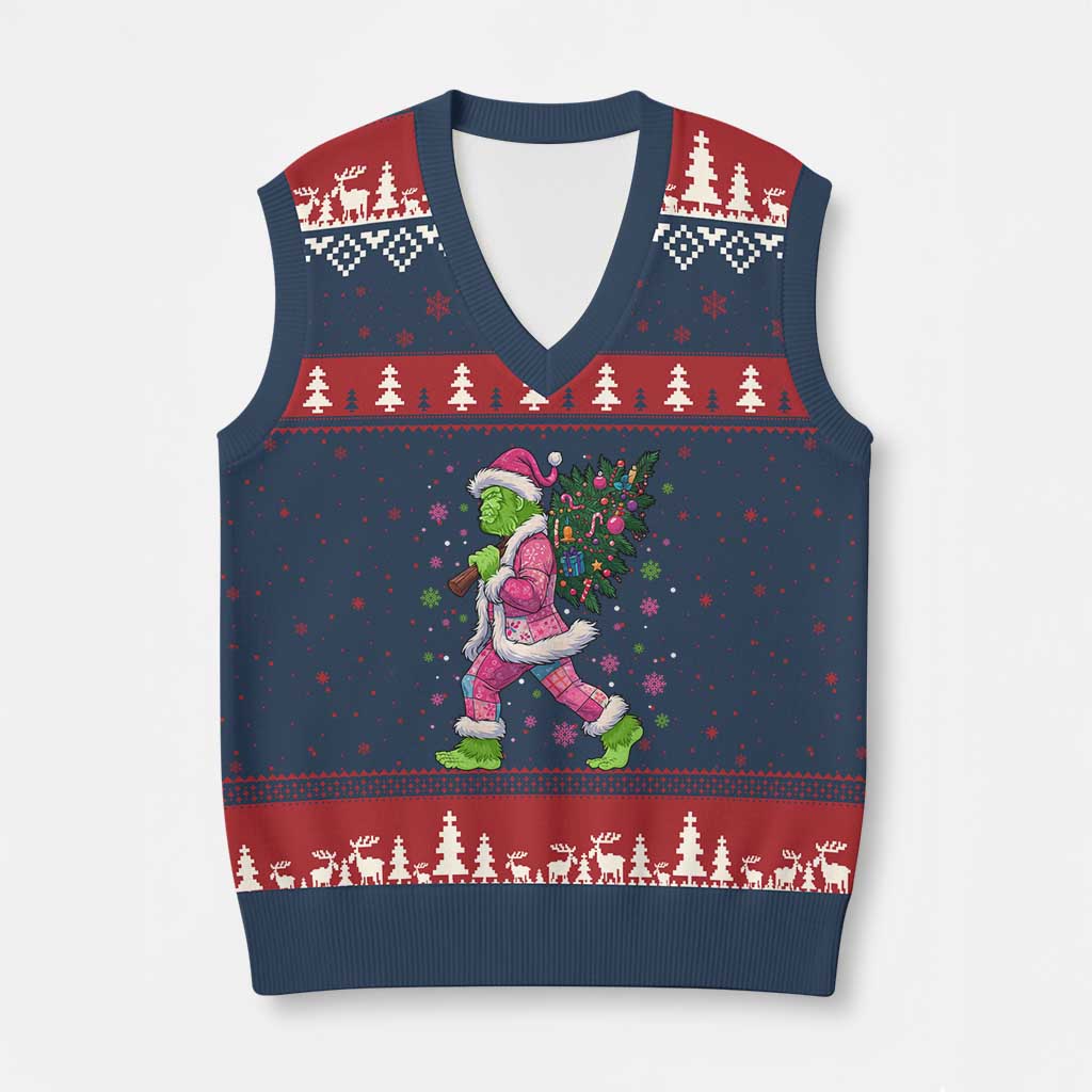 Bigfoot Xmas Tree V-Neck Knit Sweater Vest Pink Xmas Funny Green Sasquatch - Wonder Print Shop