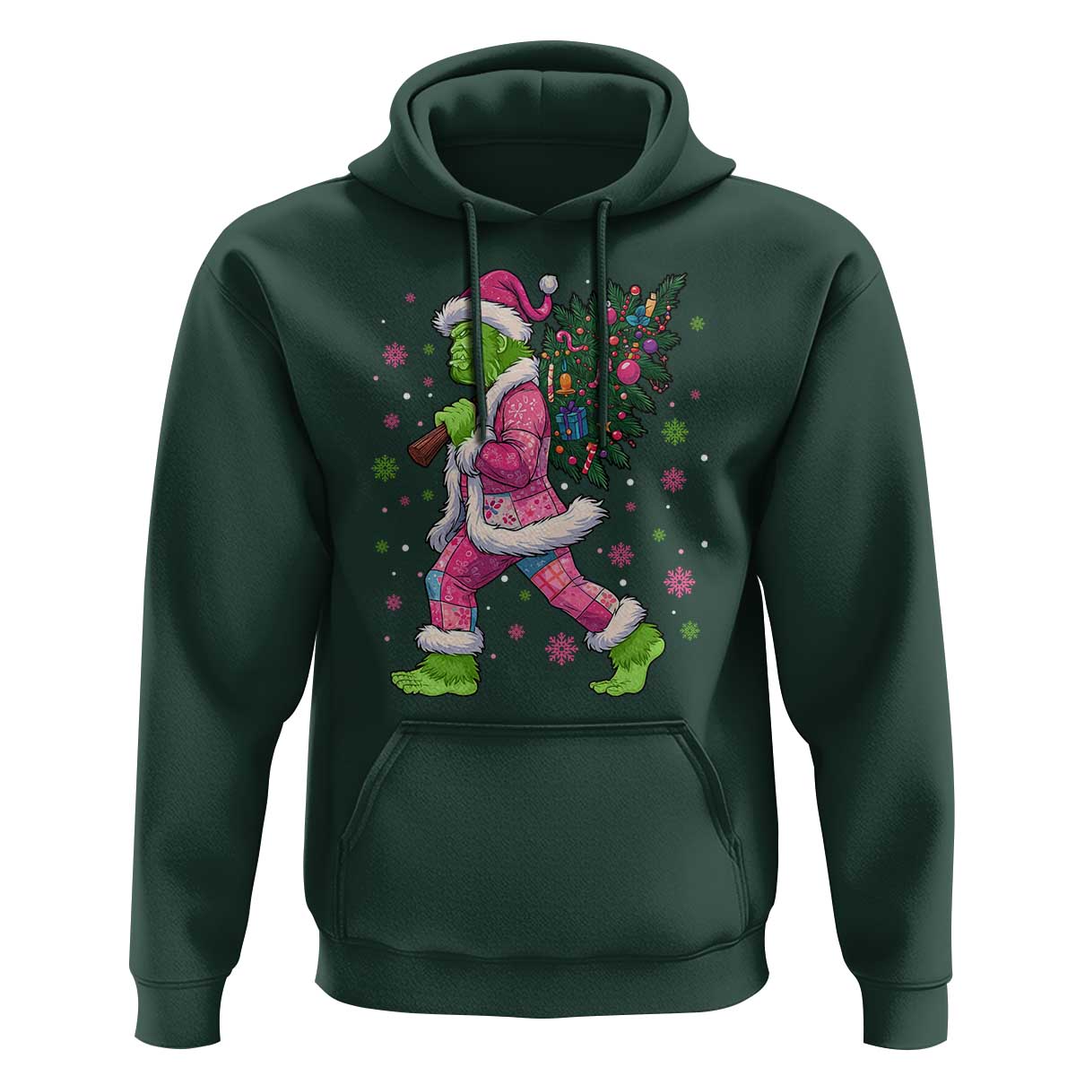 Bigfoot Christmas Tree Hoodie Pink Xmas Funny Green Sasquatch - Wonder Print Shop