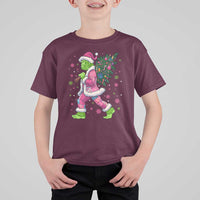 Bigfoot Christmas Tree T Shirt For Kid Pink Xmas Funny Green Sasquatch - Wonder Print Shop