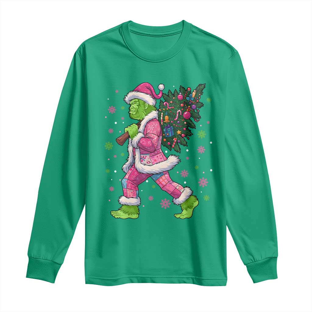 Bigfoot Christmas Tree Long Sleeve Shirt Pink Xmas Funny Green Sasquatch - Wonder Print Shop