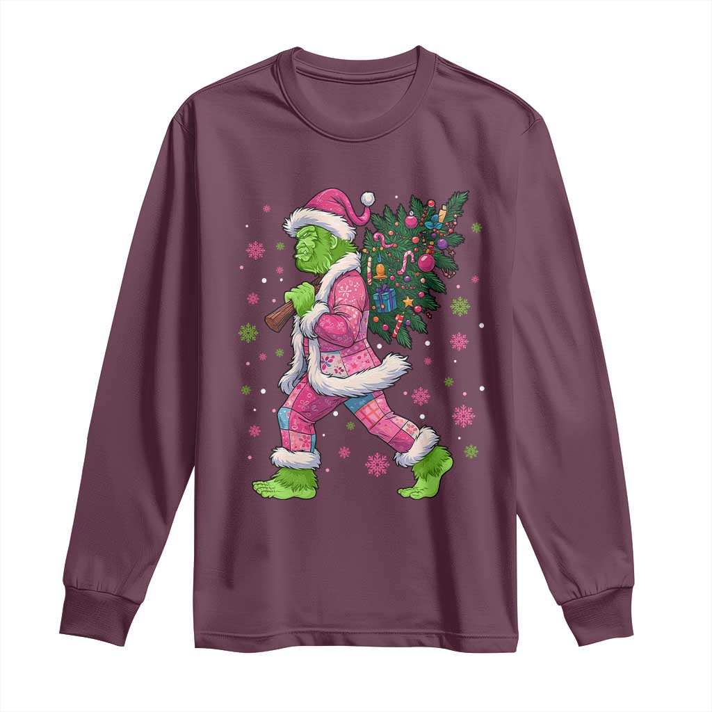 Bigfoot Christmas Tree Long Sleeve Shirt Pink Xmas Funny Green Sasquatch - Wonder Print Shop