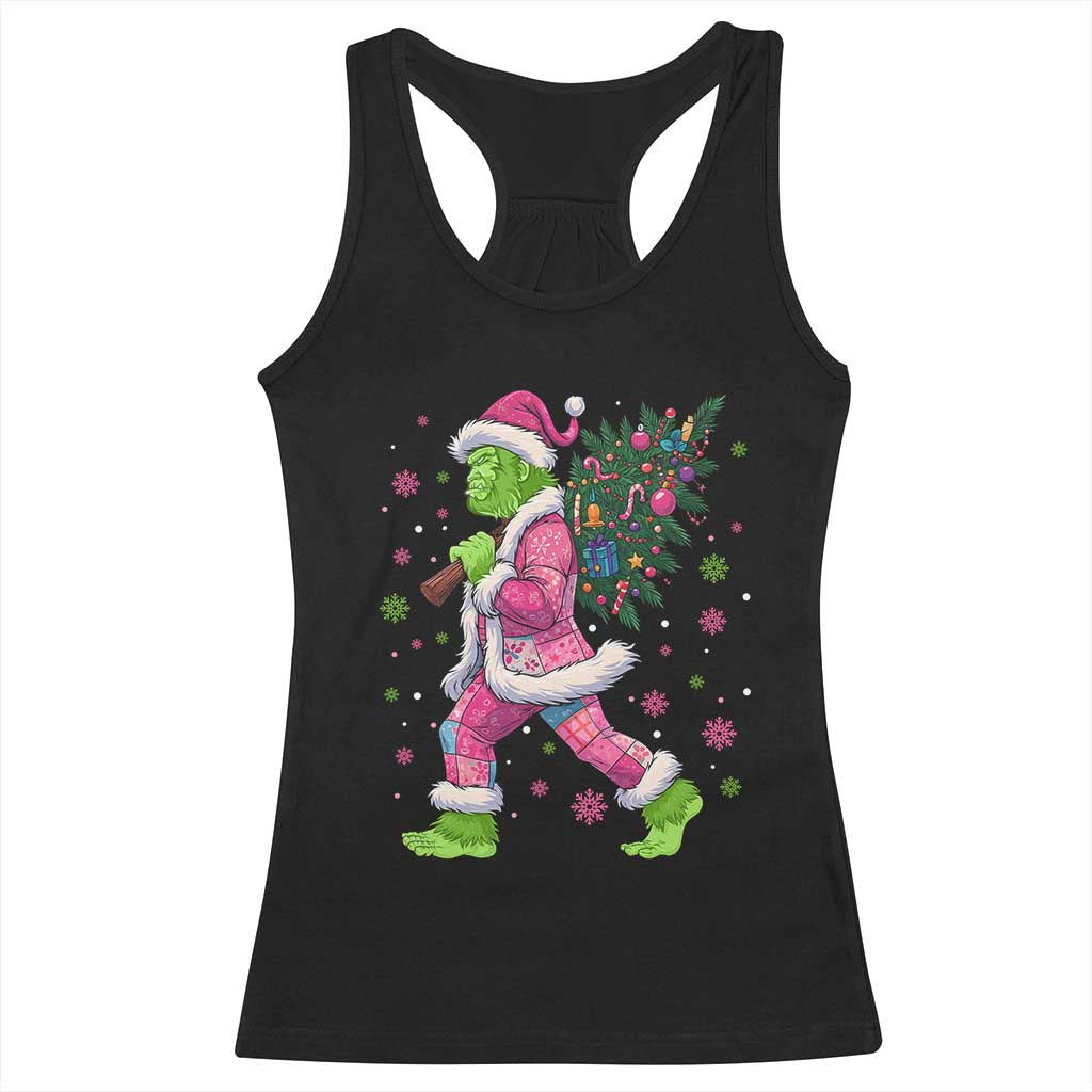 Bigfoot Christmas Tree Racerback Tank Top Pink Xmas Funny Green Sasquatch - Wonder Print Shop