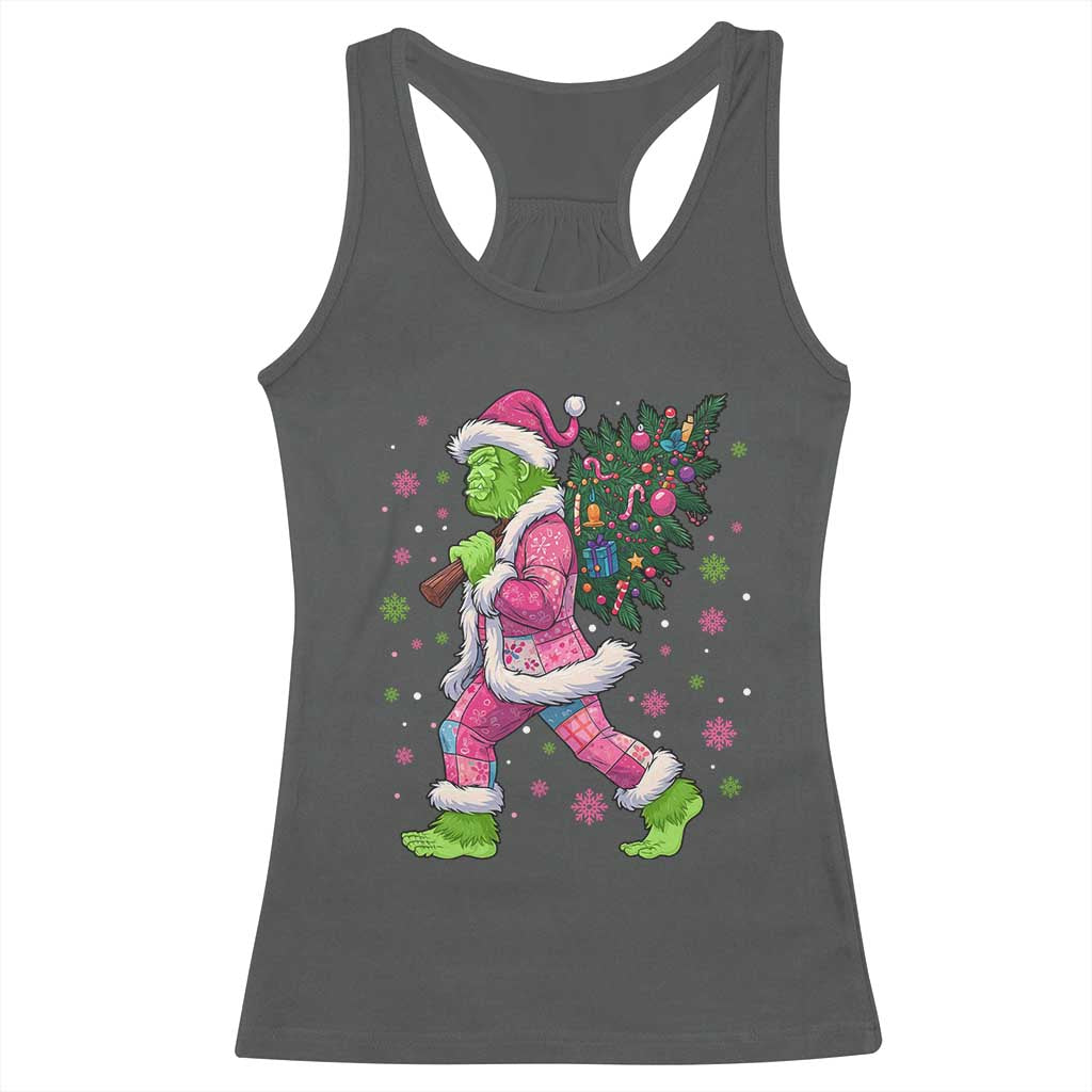 Bigfoot Christmas Tree Racerback Tank Top Pink Xmas Funny Green Sasquatch - Wonder Print Shop